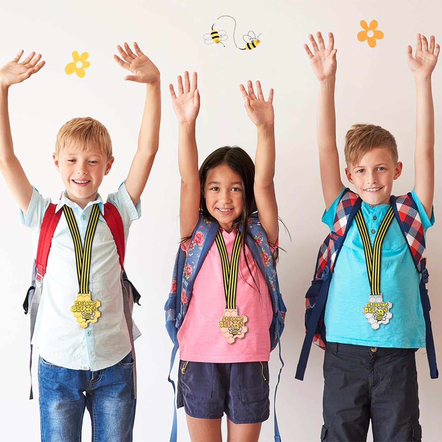 Remuuly Spelling Bee Honeycomb Medals - 1st, 2nd, 3rd Place Awards with Neck Ribbons | 3.2 x 2.8 Inches (Classic)