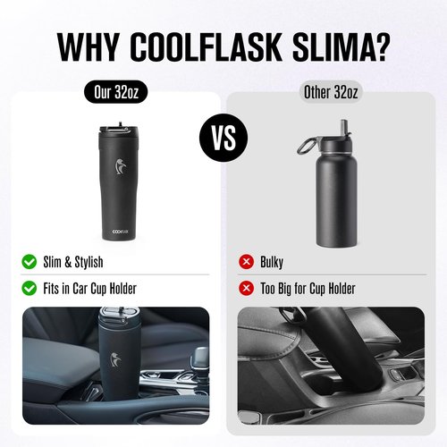 Coolflask 32 oz Water Bottle - Slim Stainless Steel Tumbler with Straw & Handle | Leakproof, Black