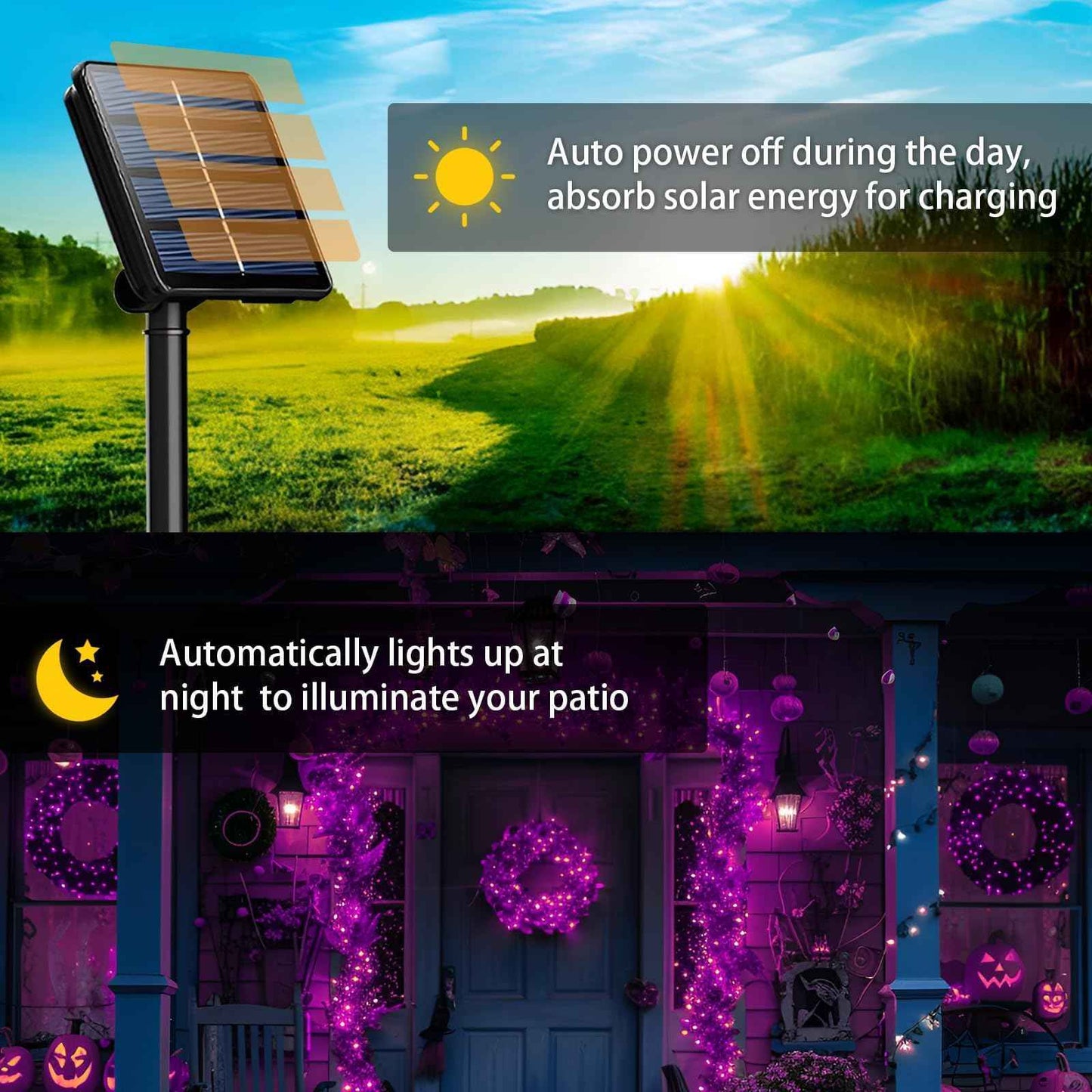 SyouHome 2-Pack Solar String Lights,78Ft Extra-Long 200 LED Waterproof Solar Halloween Lights, 8 Modes for Garden, Patio, Wedding (Purple & Orange)