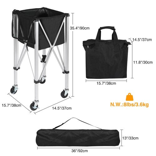 Lineslife Portable Tennis Ball Hopper Holds 200 Balls, Tennis Ball Basket Cart with 4 Wheels & Brakes, Detachable Oxford Fabric Bag for Tennis and Pickleball Training, Black