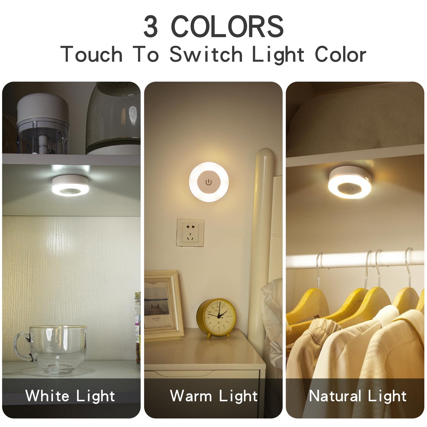 Touch Night Light Bright LED Push Lamp, 3 Colors Dimmable Rechargeable Puck Tap Nightlight Battery Operated, Wireless Stick on Lighting for Wall, Closet, Kitchen, Under Cabinet, Counter, 2 Pack