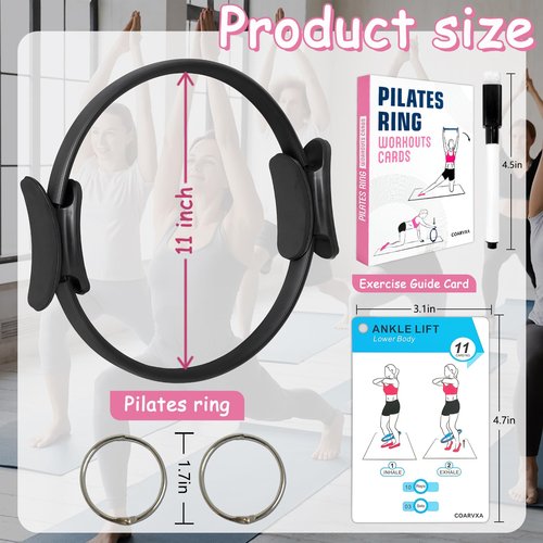 COARVXA Pilates Ring Fitness Circle for Women - 15 Inch Magic Fitness Circle for Toning Inner & Outer Thighs, Bonus Pilates Equipment Thigh Master Guide. (Black)
