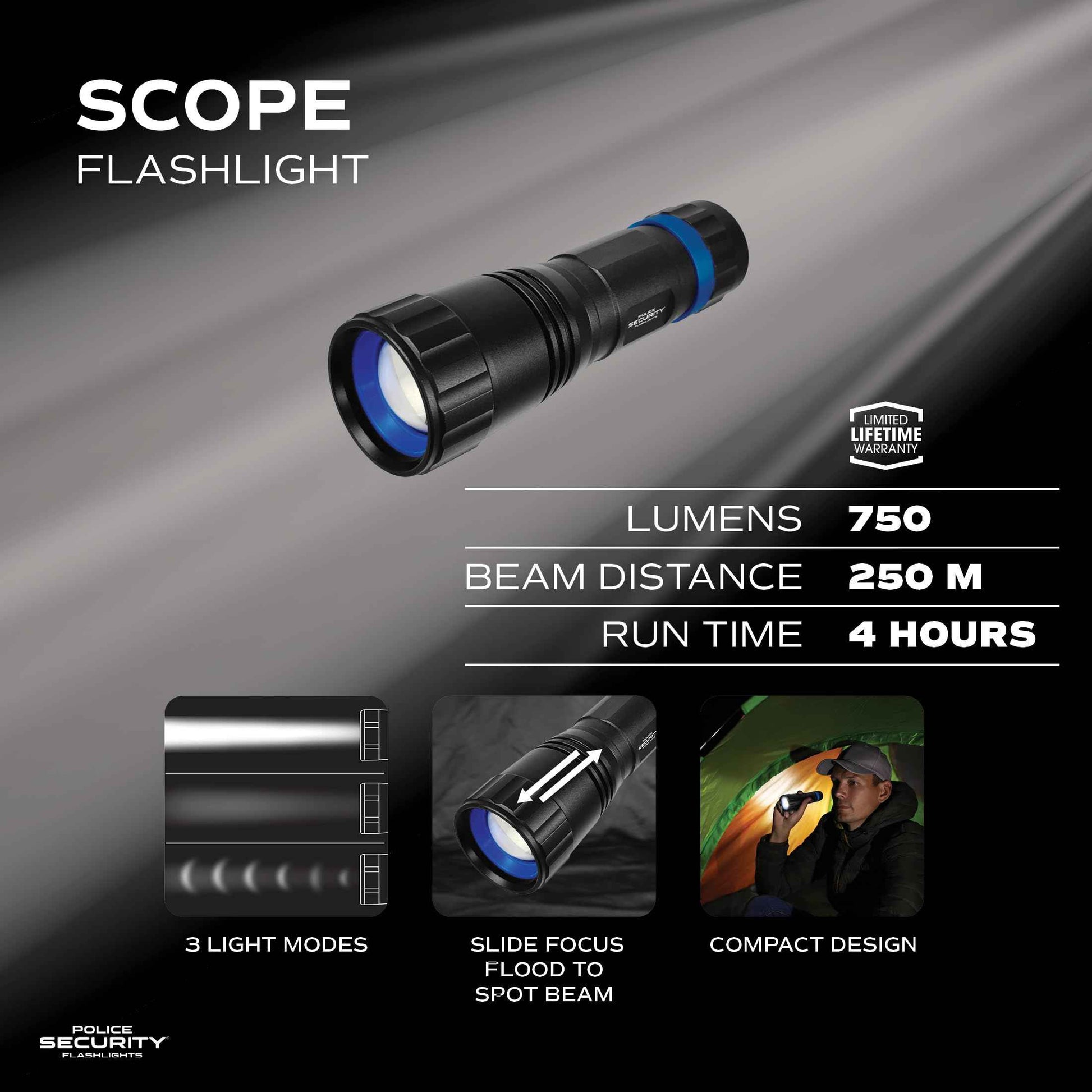 Police Security Scope Ultra-Bright 750 Lumen Flashlight, Compact, Heavy Duty, 3 Modes, Slide Focus, 4 AAA Batteries, Perfect for DIY to Camping to Trade Professional Needs