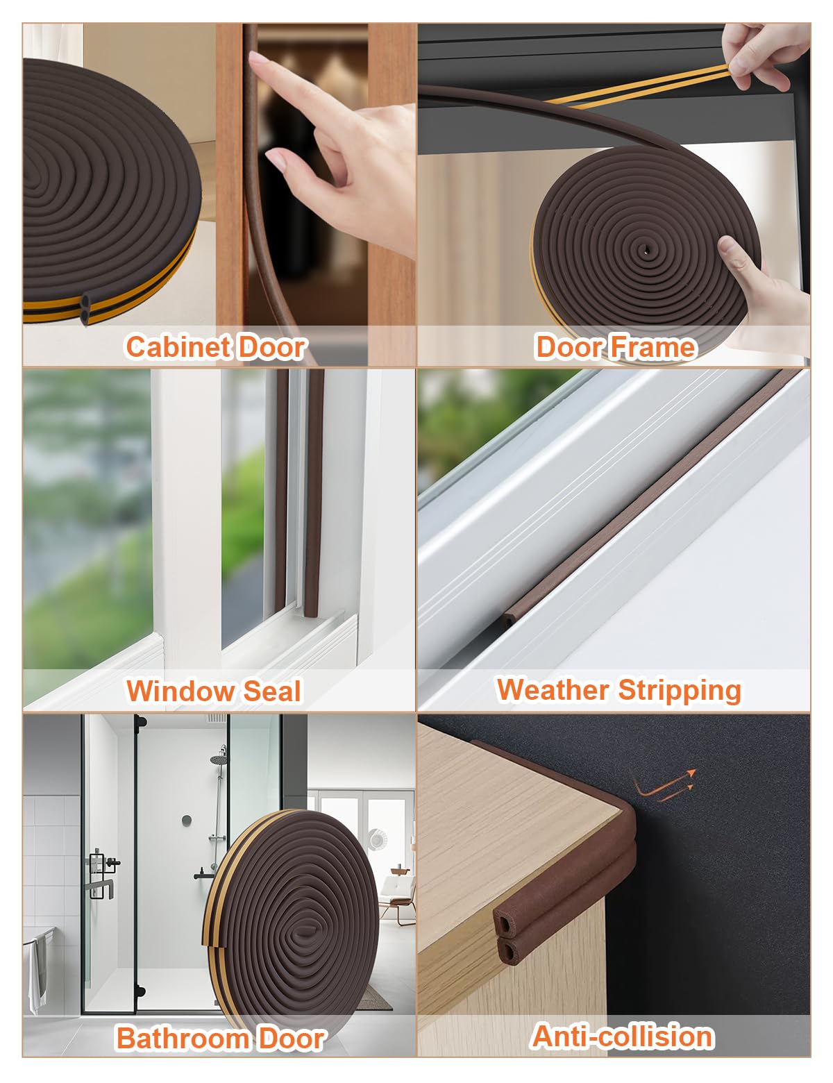 32.8 Ft Weather Stripping Door Seal Strip,Self Adhesive Door Soundproofing D Shaped Weatherstripping for Door Frame/Window,Brown,3/8" W × 1/4" T