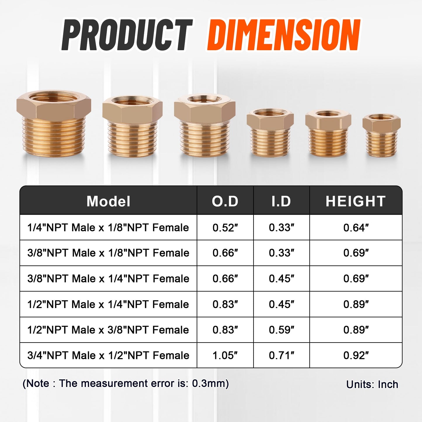Ailbiuko 18PCS Brass Hex Bushing Fitting Kit,1/4" - 1/8", 3/8" - 1/8",3/8" - 1/4",1/2" - 1/4",1/2" - 3/8",3/4" - 1/2" NPT Pipe Fittings