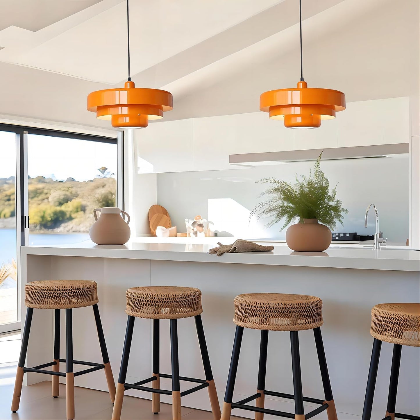 FCTWAKS Mid Century Pendant Light Fixtures 13.78 inch, 1 - Light Ceiling Pendant Lamp with 3-Layer Metal Shade, Height Adjustable, Vintage Orange Hanging Lamp for Kitchen Island Lighting,Dining Room
