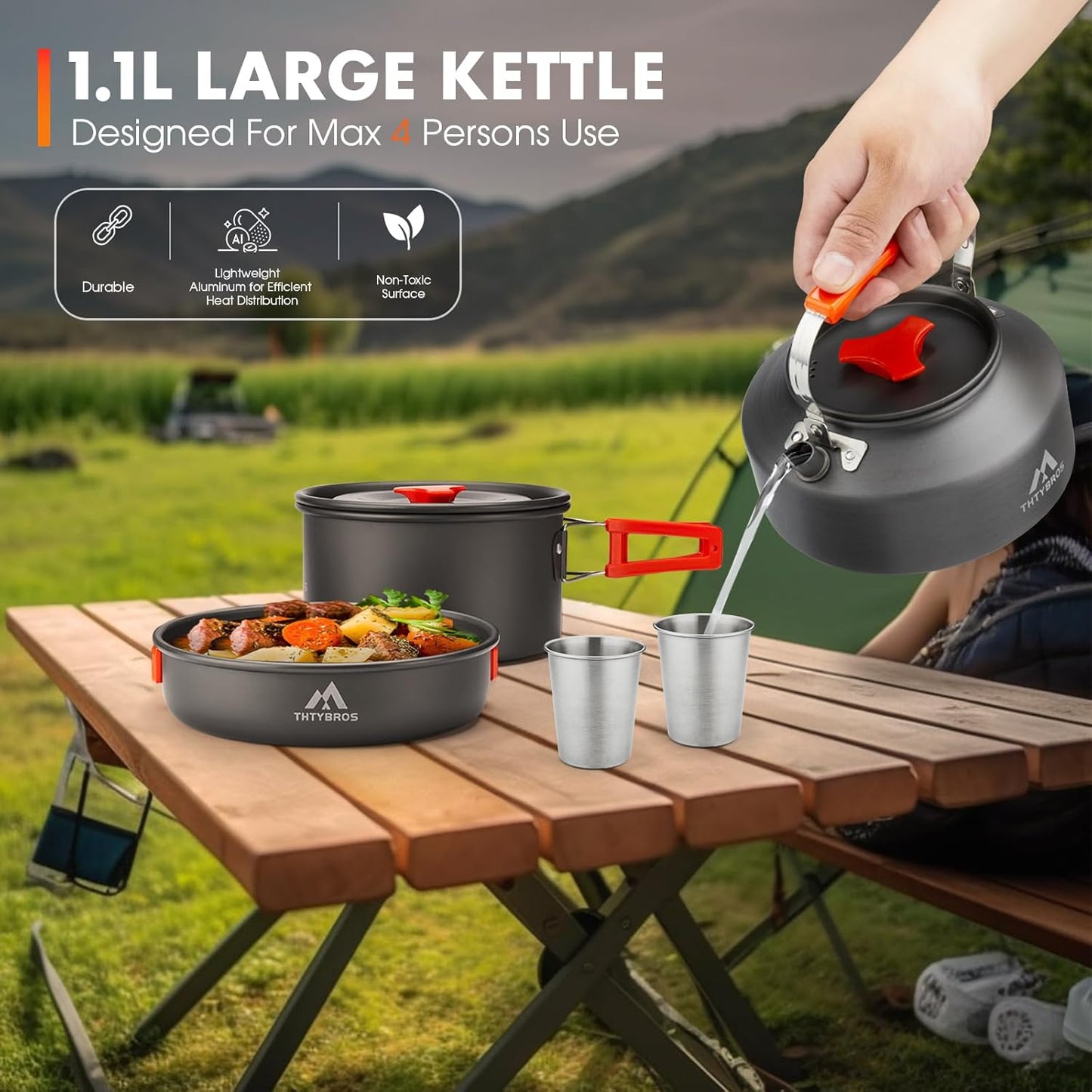 THTYBROS Camping Cookware Kit - 17-Piece Set with 0.45 Gal Pot, 7-Inch Pan & Stainless Steel Utensils
