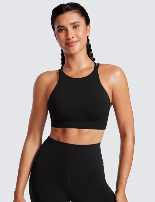 CRZ YOGA Womens Butterluxe High Neck Longline Sports Bras - Criss Cross Halter Wireless Padded Gym Workout Crop Top Black Medium