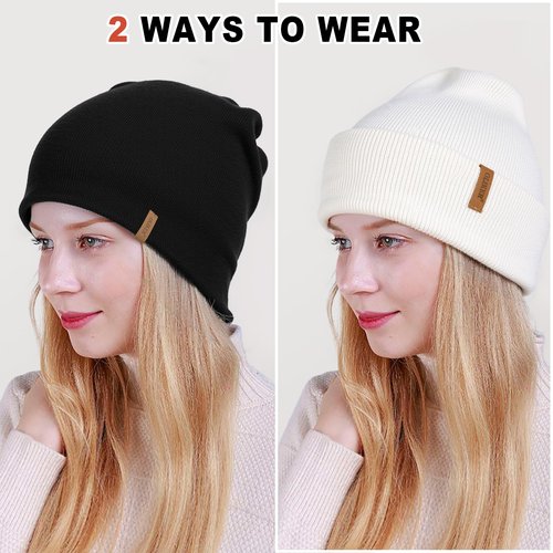 OLIKER 3 Pack Beanie for Men Women, Winter Double Layer Warm Knit Cuffed Hat Stylish Slouchy Skull Cap for Cold Weather (US, Alpha, One Size, Beige+Brown+Black)