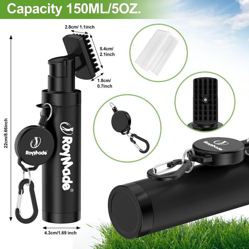 ROYMADE Pro Golf Club Brush Cleaner with 5oz Water Bottle Spray Water Easy Cleaning with Nylon Bristles, Adjustable Duty Retractable Clip, Carabiner Clip,Best Golf Gifts(Black)