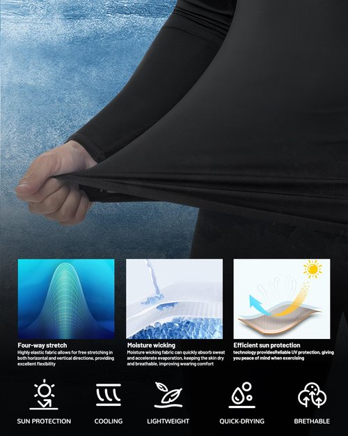 Poekuao Men's UPF 50+ Compression Shirts Long Sleeve Cool Dry Workout Undershirts High Elastic Athletic Base Layer for Sports Running Gym Black M