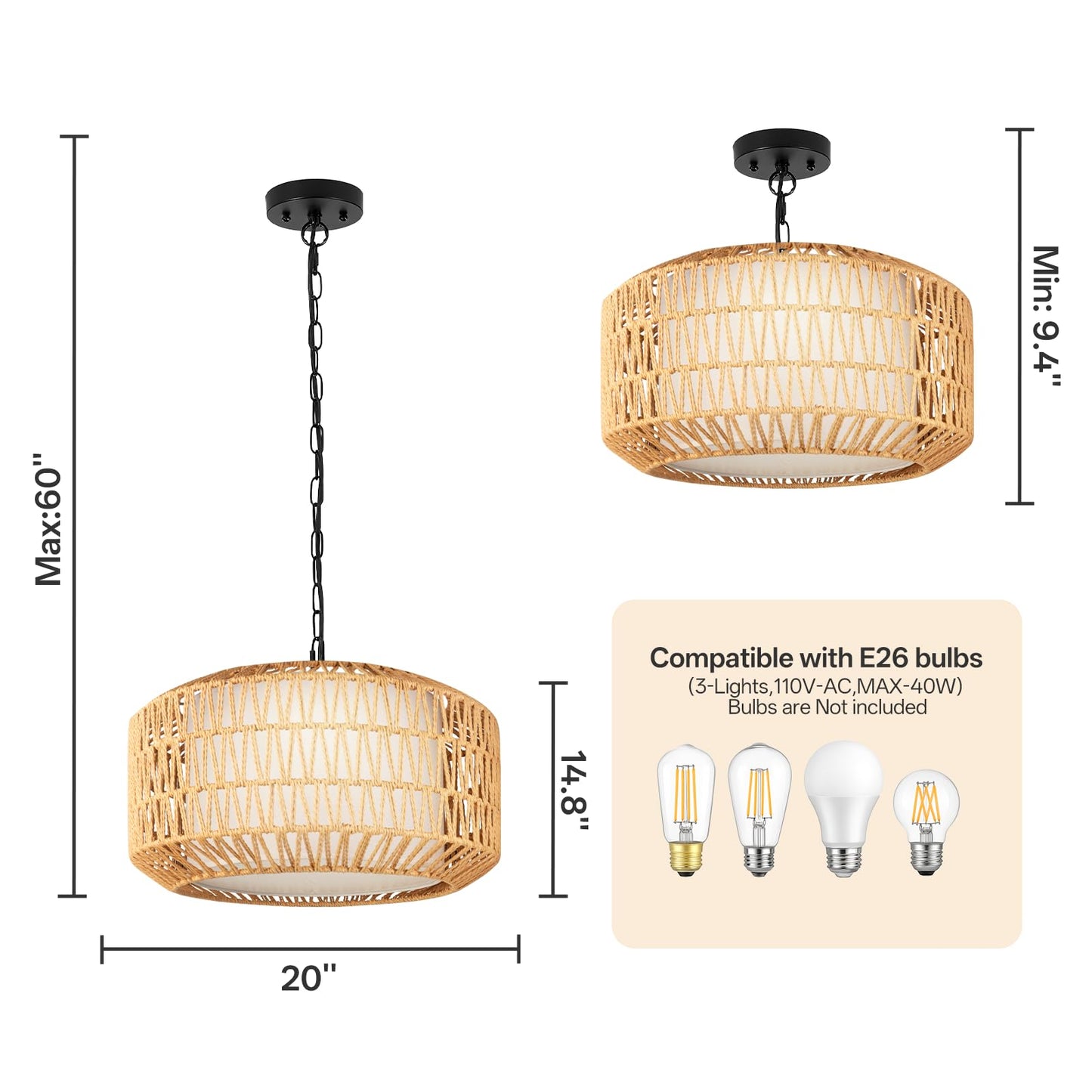 ILVUFORGOOD Boho Rattan Chandelier, 3-Light Farmhouse Pendant Light with Linen Shade, Hand-Woven Ceiling Light Fixture for Dining Room, Bedroom, Kitchen Island, E26 Base (Bulbs Not Included)