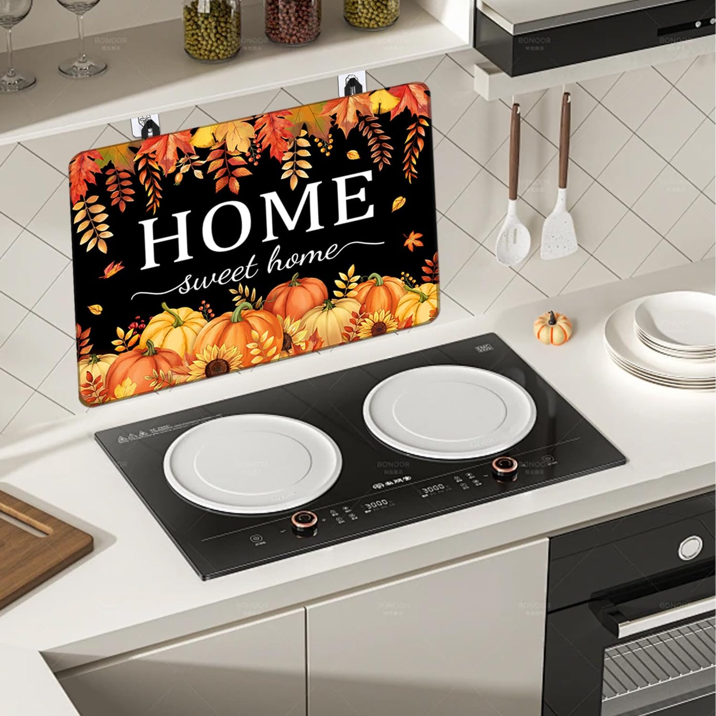 Fall Pumpkin Stove Cover For Electric Stove, 20x28 Glass Stove Top Mat Fall Black Heat Resist Electric Gas Range Mat Sweet Home Decor Glass Top Protector Kitchen Induction Cooktop Pad