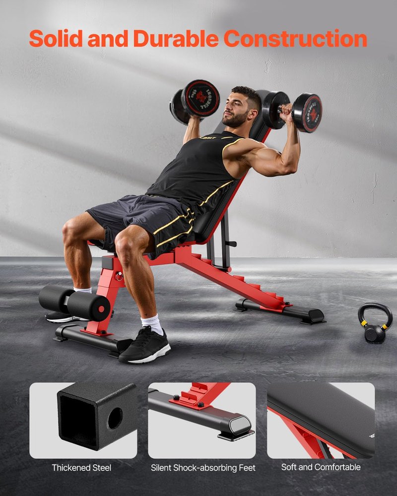 VEVOR Weight Bench, 1200lbs Heavy Duty Stable Weight Bench Press for Full Body Workout, Adjustable Exercise Sit up Bench for Home Gym Strength Training, Flat Bench with Quick Folding & Fast Adjustment
