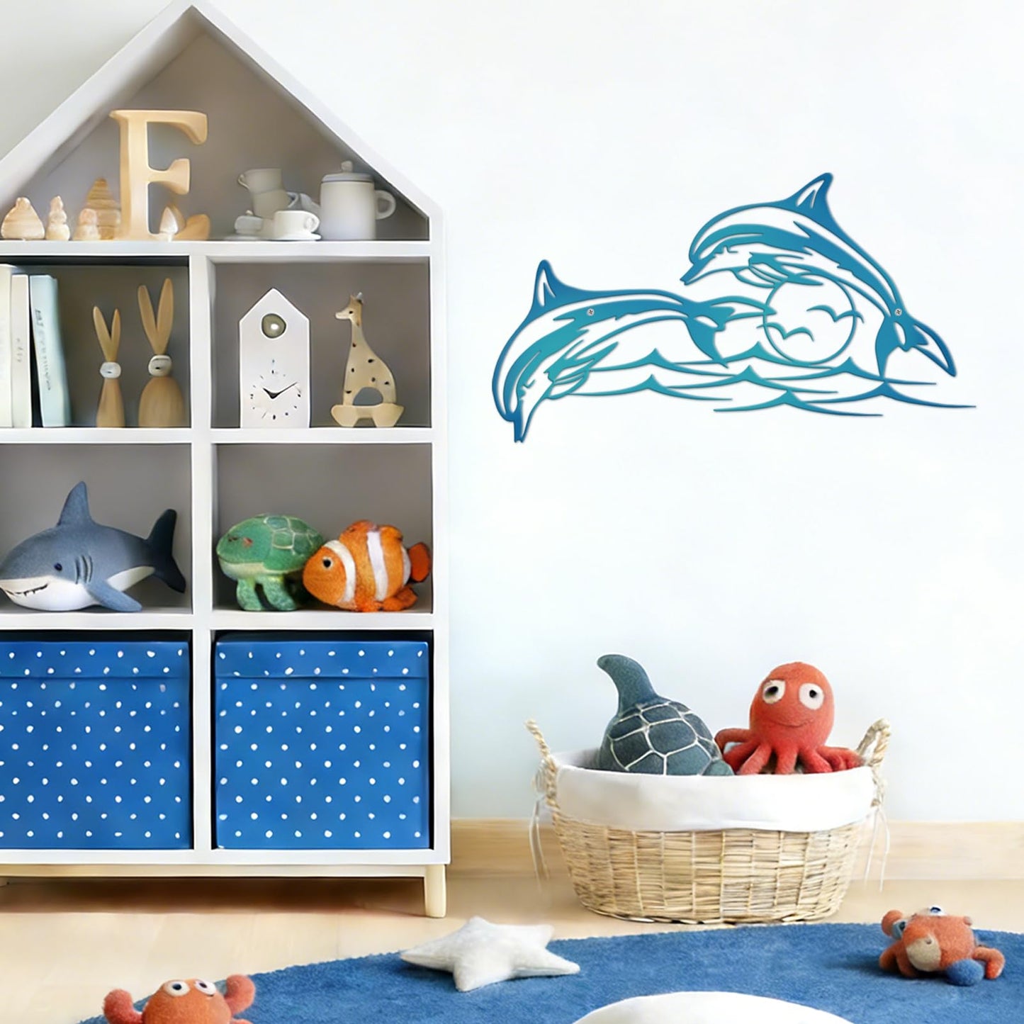 Resama Dolphin Metal Wall Decor – Nautical Wall Sculpture for Bathroom and Home – Durable Marine Animal Art, Ocean Fish Wall Hanging, Dolphin Wall Art, Coastal Decor & Unique Gift Idea (Blue)