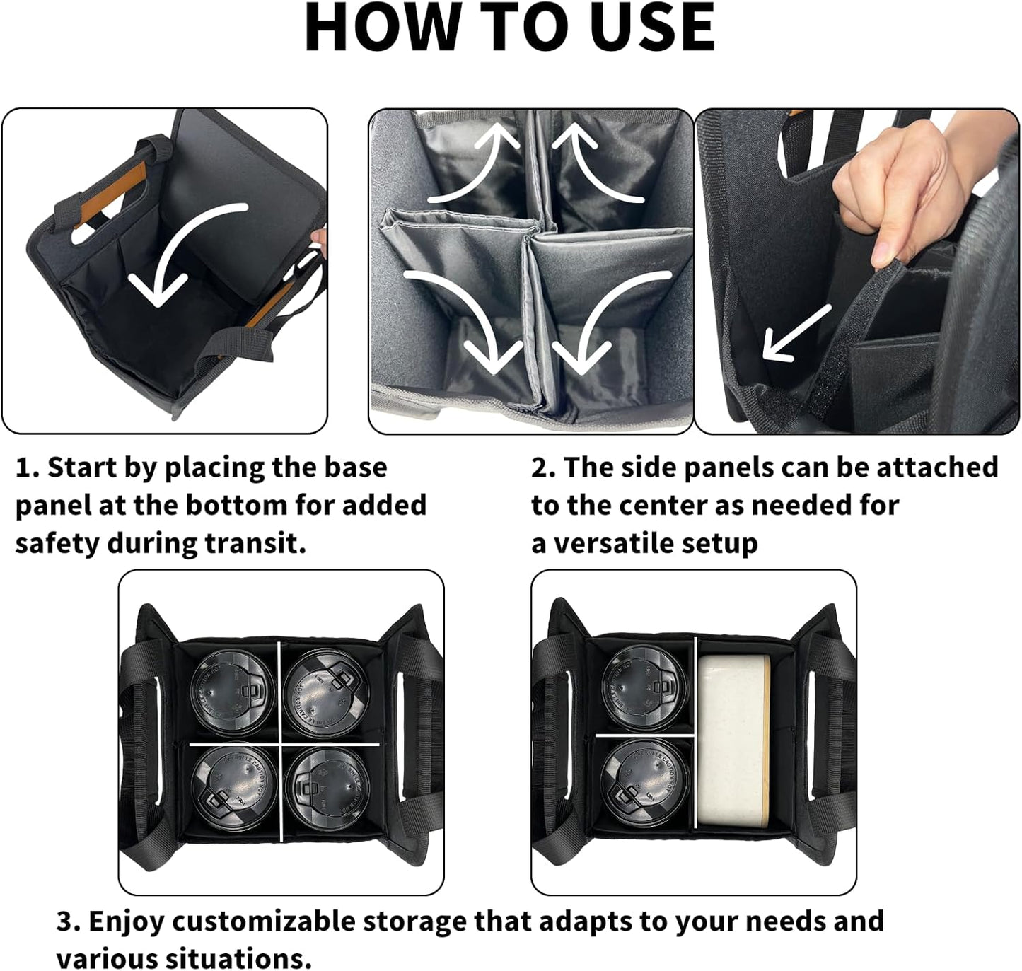 Skiennix Reusable 4-Cup Drink Carrier - Insulated Caddy with Adjustable Dividers | Foldable Coffee Holder (Black)