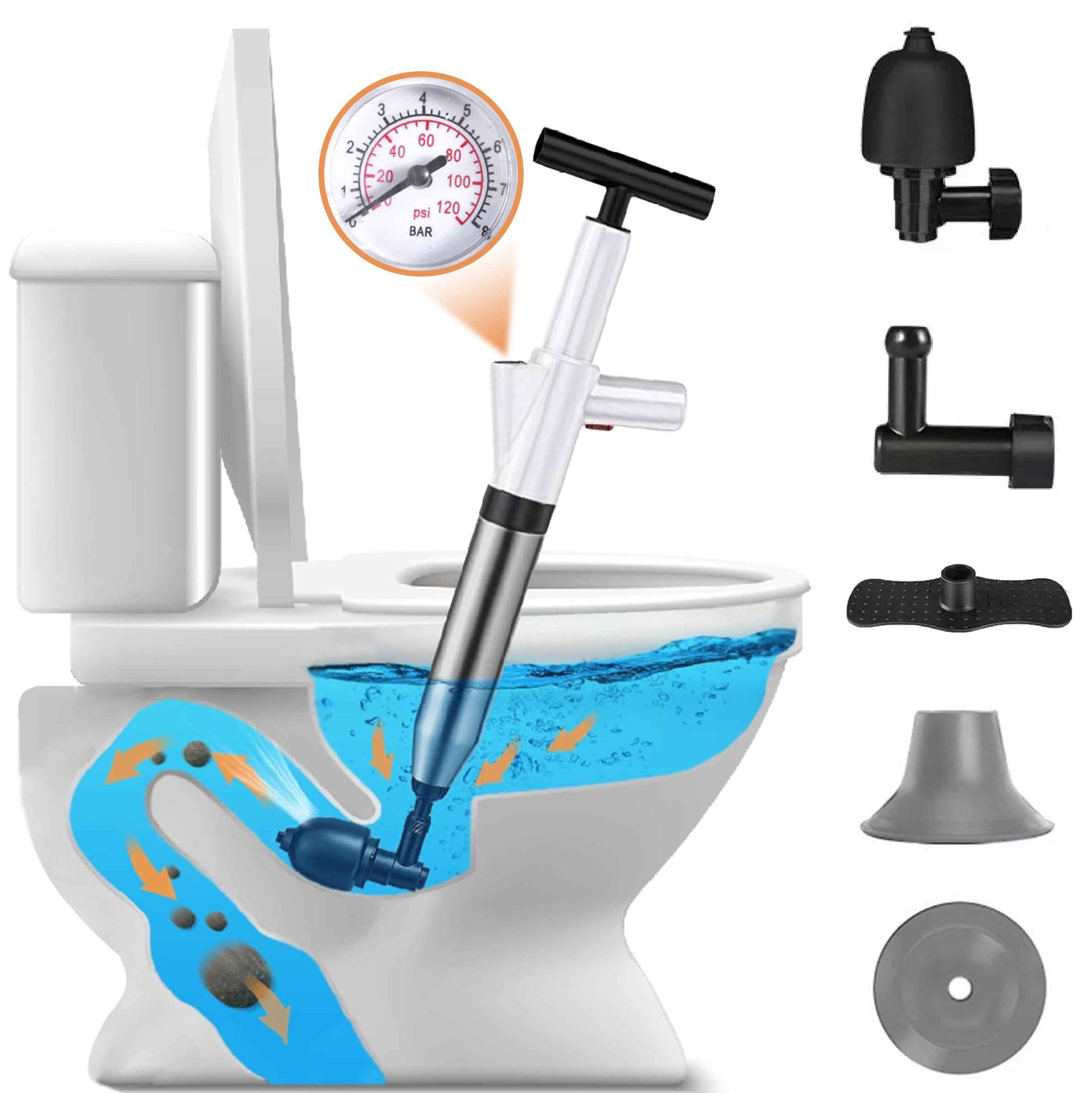 Toilet Plunger, High Pressure Air Plunger Drain Blaster with Visual Pressure Gauge, Drain Clog Removal Tool, Stainless Steel Toilet Unclogger Plungers for Bathrooms, Sinks, Kitchens, Clogged Pipe