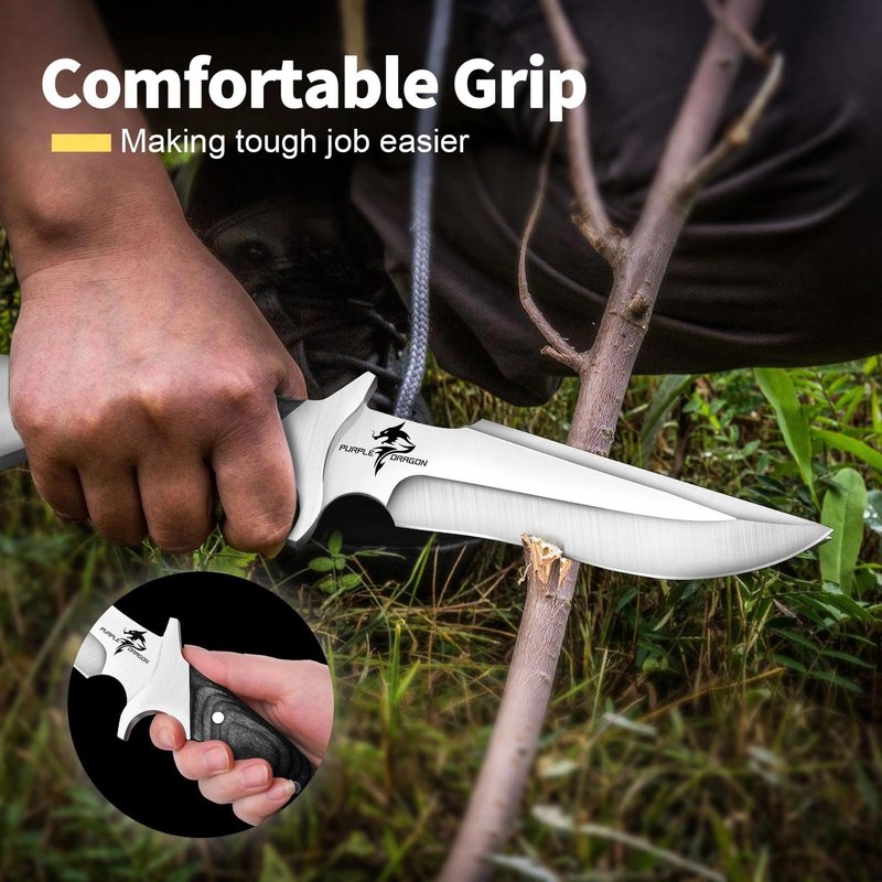 Purple Dragon Camping Fixed Blade Knife with Sheath,6 Inch Outdoor Knife Full Tang 440C Steel Bushcraft Knives with Redwood Handle-Outdoor Gear Christmas Gift for Men and Women Black