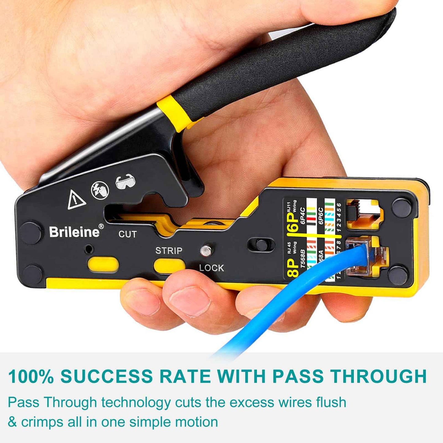 Brileine RJ45 Crimp Tool Pass Through Crimper for RJ45 Connectors / Cat6 Cat6a Cat5 Cat5e Connector Ethernet Crimper Tool with Mini Cable Stripper