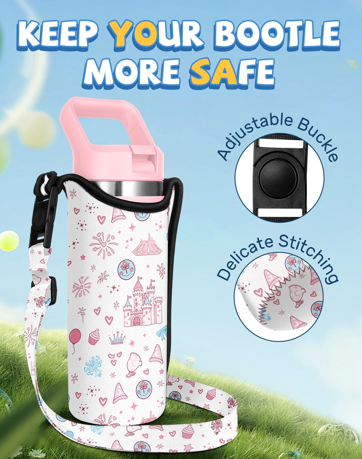 Miss Adola Kids Water Bottle Carrier with Strap - 14-20 oz Neoprene Bottle Holder Cute Cartoon Design Handheld or Crossbody for Girls, Castle