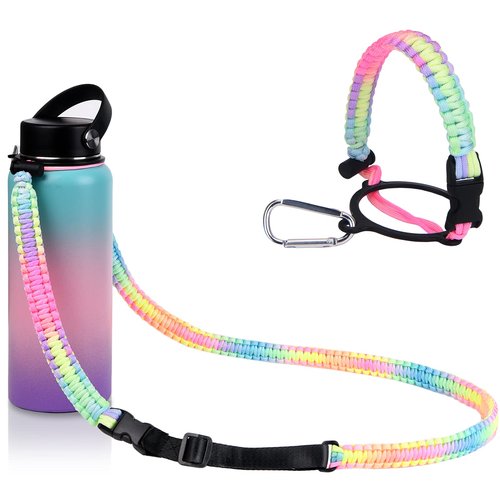 iLVANYA Paracord Handle with Adjustable Shoulder Strap -Compatible with Hydro Flask Wide Mouth Water Bottles -Sports Water Bottle Accessories for Men Women Hiking Travelling Camping (Bright Rainbow)