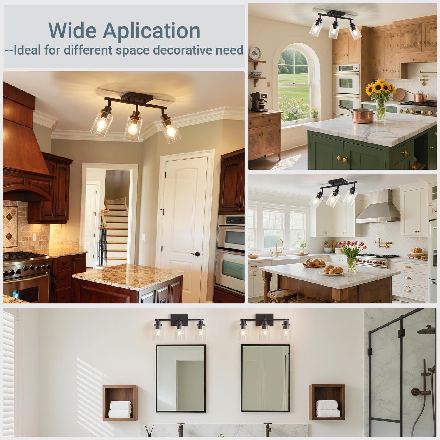 LOUSACE 3 Light Kitchen Track Light Fixtures Ceiling Vanity Lights Black, Bathroom Track Lighting Kit w/Rotatable Heads & Clear Glass Shade, Modern Wall Ceiling Tracking Light for Accent Shop Hallway