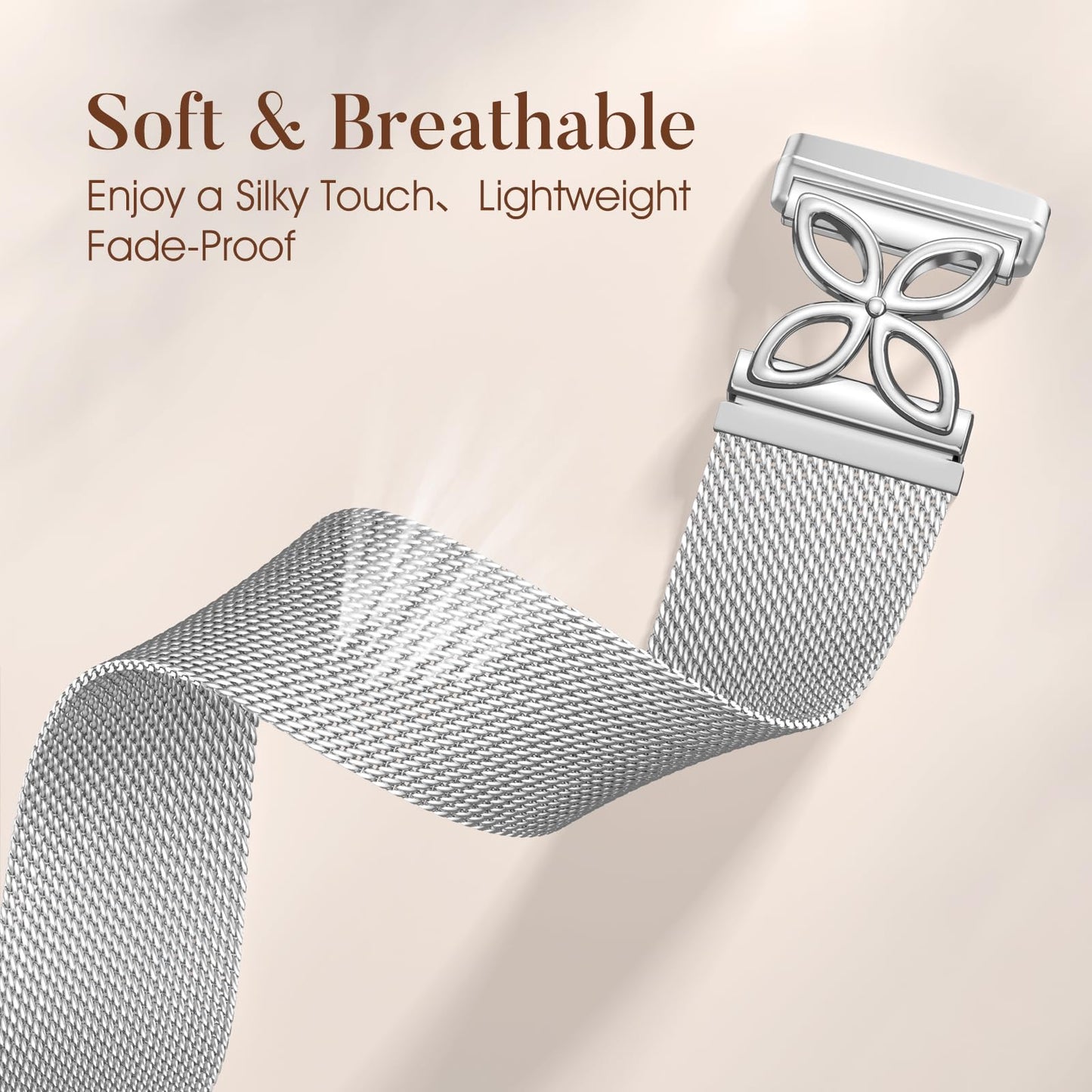 JKD Floral Shape Metal Band Compatible with Fitbit Versa 4 Bands for Women Men/Fitbit Sense 2 Bands, Stainless Steel Soft Mesh Loop Sports Strap for Fitbit Sense/Versa 3/Versa 4 Smartwatch, Silver