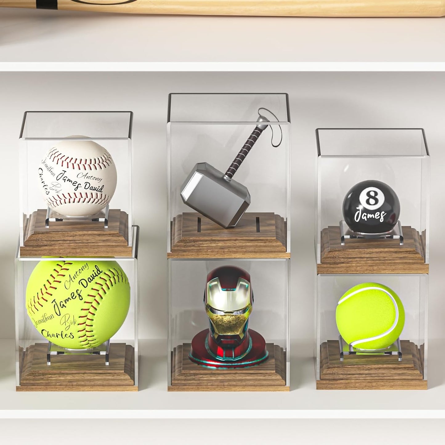 Skiennix Softball Display Case - Acrylic Holder with Walnut Wood Base for Official Size Balls