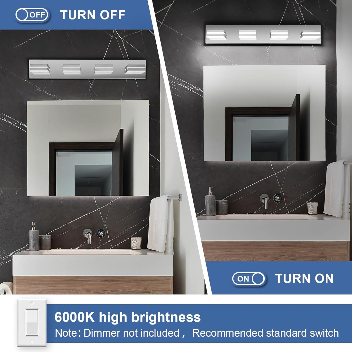 3-Light Modern LED Bathroom Vanity Light Fixture - Black Metal & Acrylic, 16-inch Over Mirror Lighting