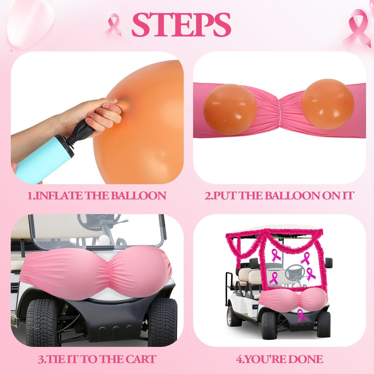 Suncalla Breast Cancer Awareness Golf Cart Decorations Kit Large Bra Shaped Balloon Decoration Feather Boa Pink Ribbon Stickers for Breast Cancer Awareness Themed Decor Women