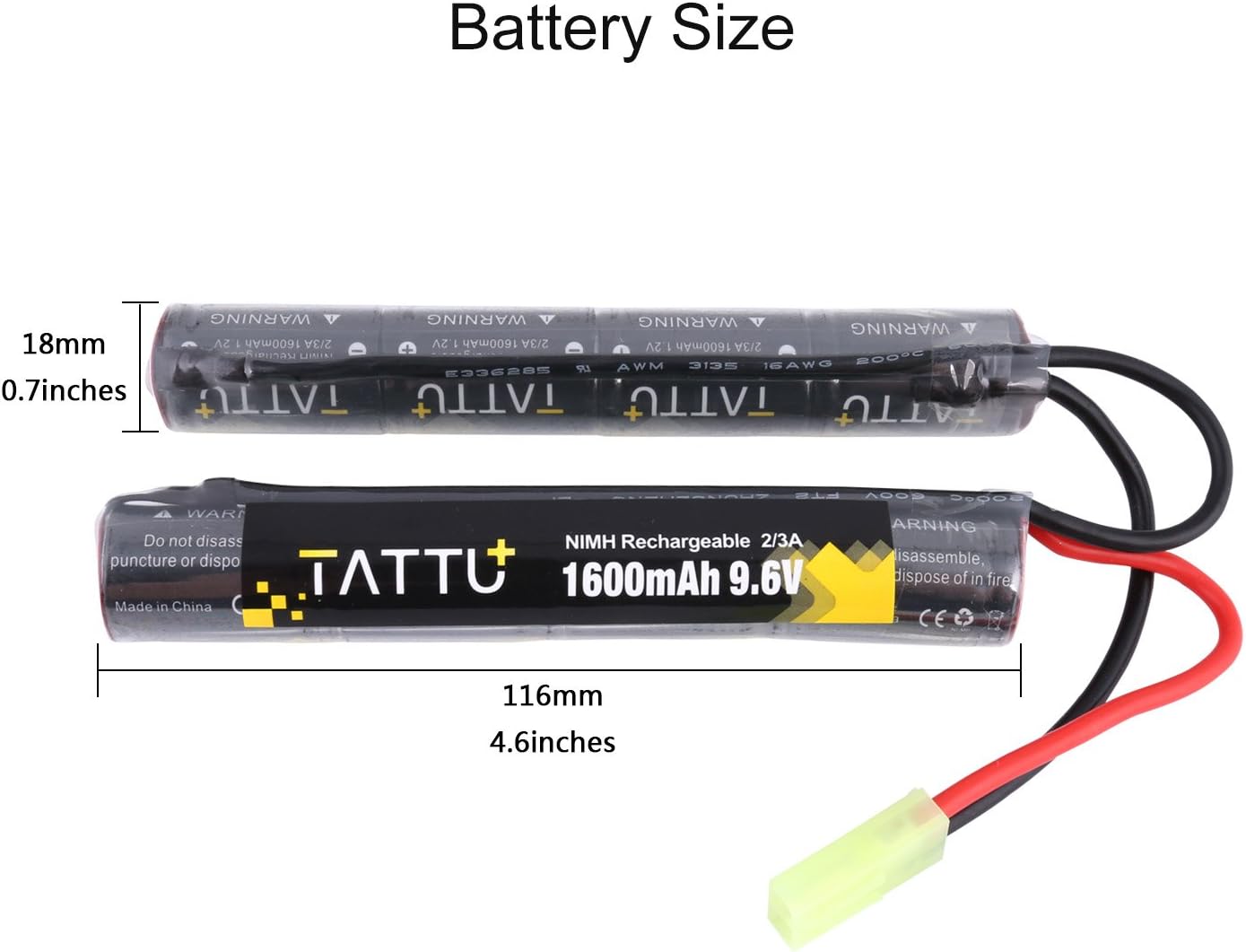 TATTU 9.6V NiMH Rechargeable Battery Pack - 1600mAh for Airsoft Nunchuck Stick | TMY Connector