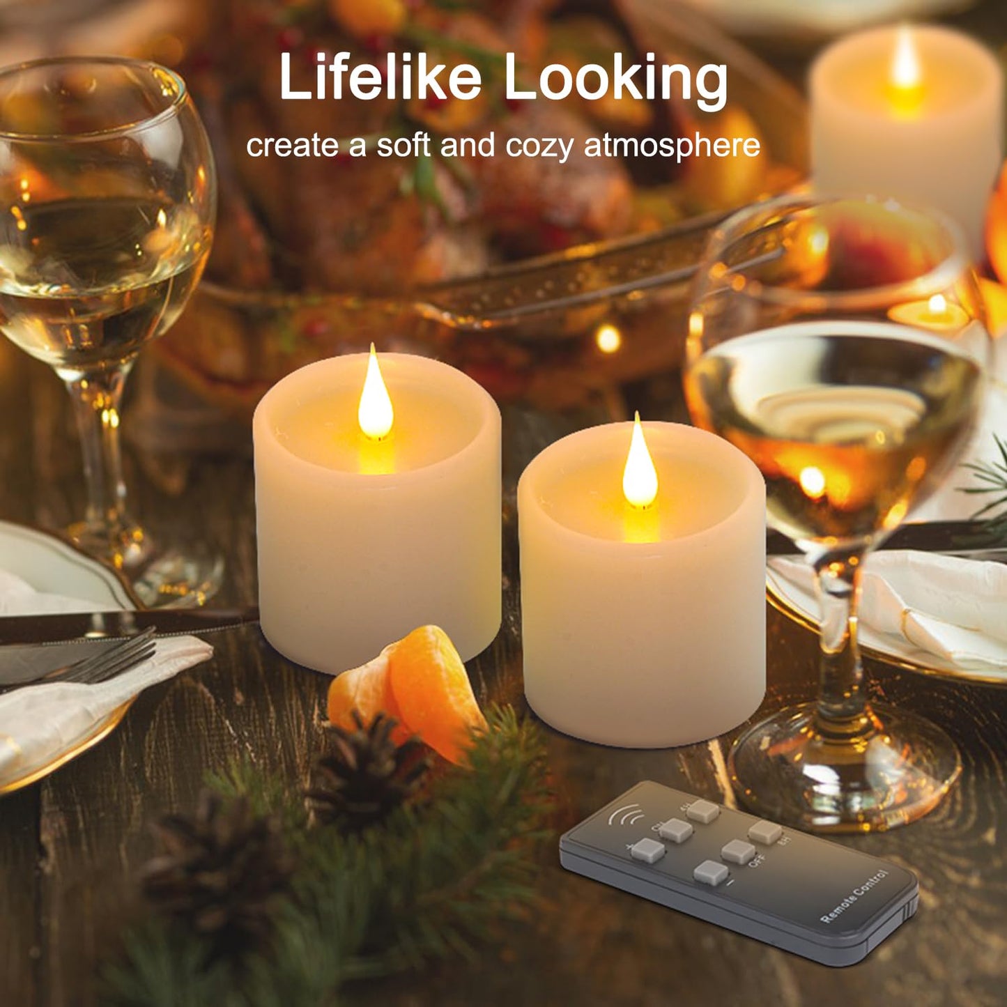 Flickering Flameless Candles, 3D Moving Flame Battery Operated Candles with Timer and Remote, Last 600+ Hours Flameless Candles, Fake Candles, Real Wax Pillar Electric LED Candle 3"x3" 2 Pack