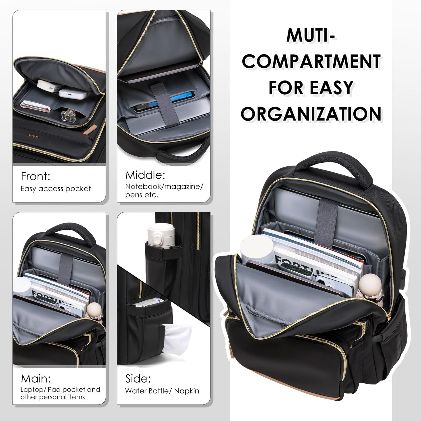 MDODO Laptop Backpack for Women,Travel Backpack with Laptop Compartment,Casual Daypack College Bookbag Computer Backpack for Work with Small Organizer Bag,Black