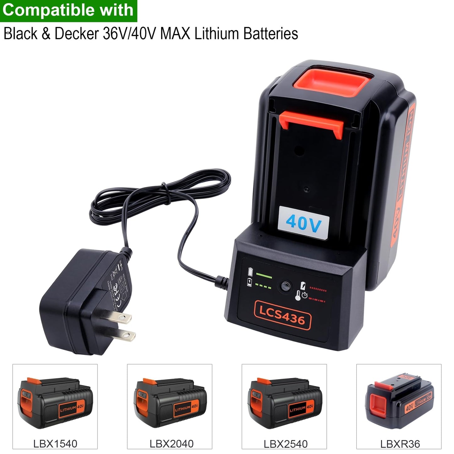 40 Volt Charger Compatible with Black & Decker 36V 40V MAX Battery LBXR36 LBXR2036 LBX1540 LBX2040 LBX2540, LCS436 Charger Compatible with Black and Decker 36V 40V Lithium Battery Charger LCS36 LCS40