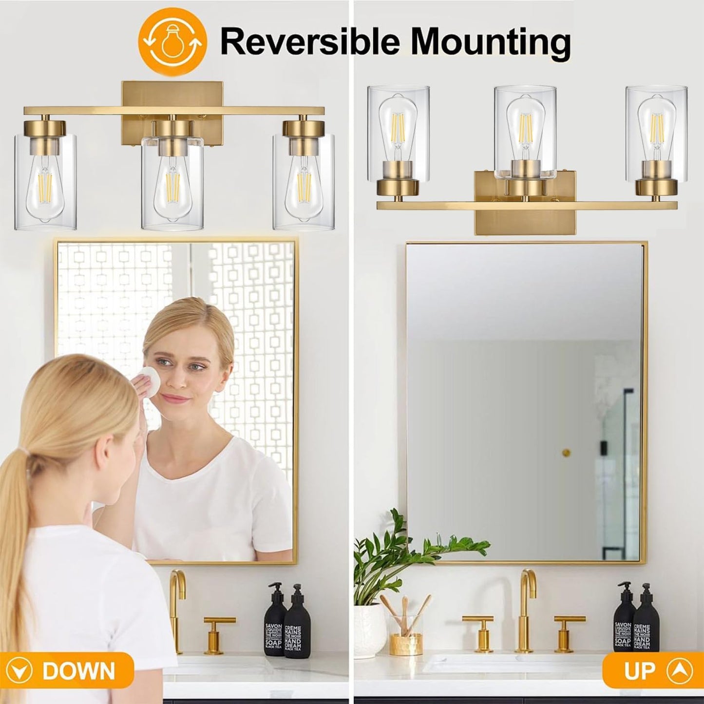 Modern 3-Light Bathroom Vanity Light in Brushed Gold with Clear Glass Shades
