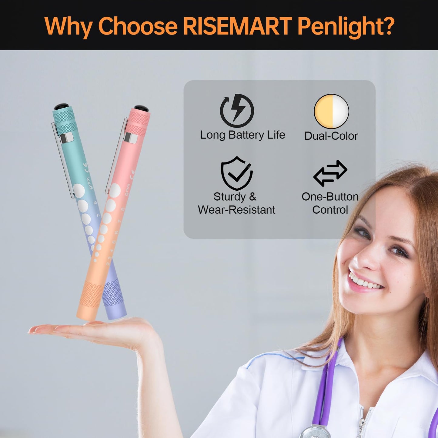 RISEMART 2-Pack Pen Light for Nurses – Medical Penlight with One-Button Switch for White & Warm Light, Portable Tool for Nursing, Doctors, Students (Blue Purple Gradient & Pink Orange Gradient)