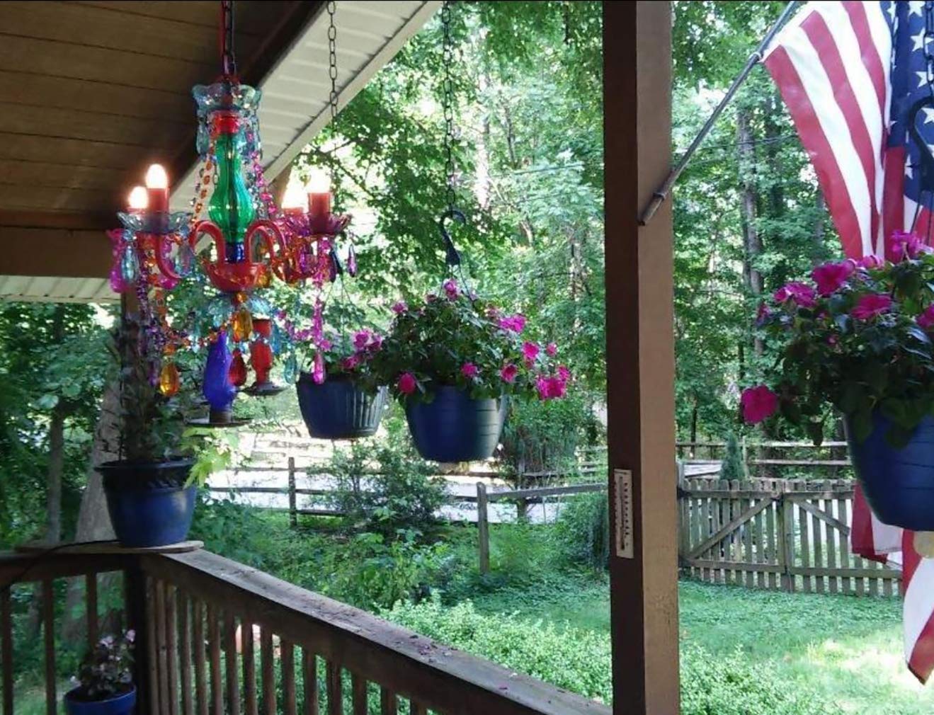 The Original Brink House Plug-in 4 Light Multicolor Hanging Swag Chandelier H17.5”xW15”, Red Metal Frame with Multicolor Glass Stem and Acrylic Crystals