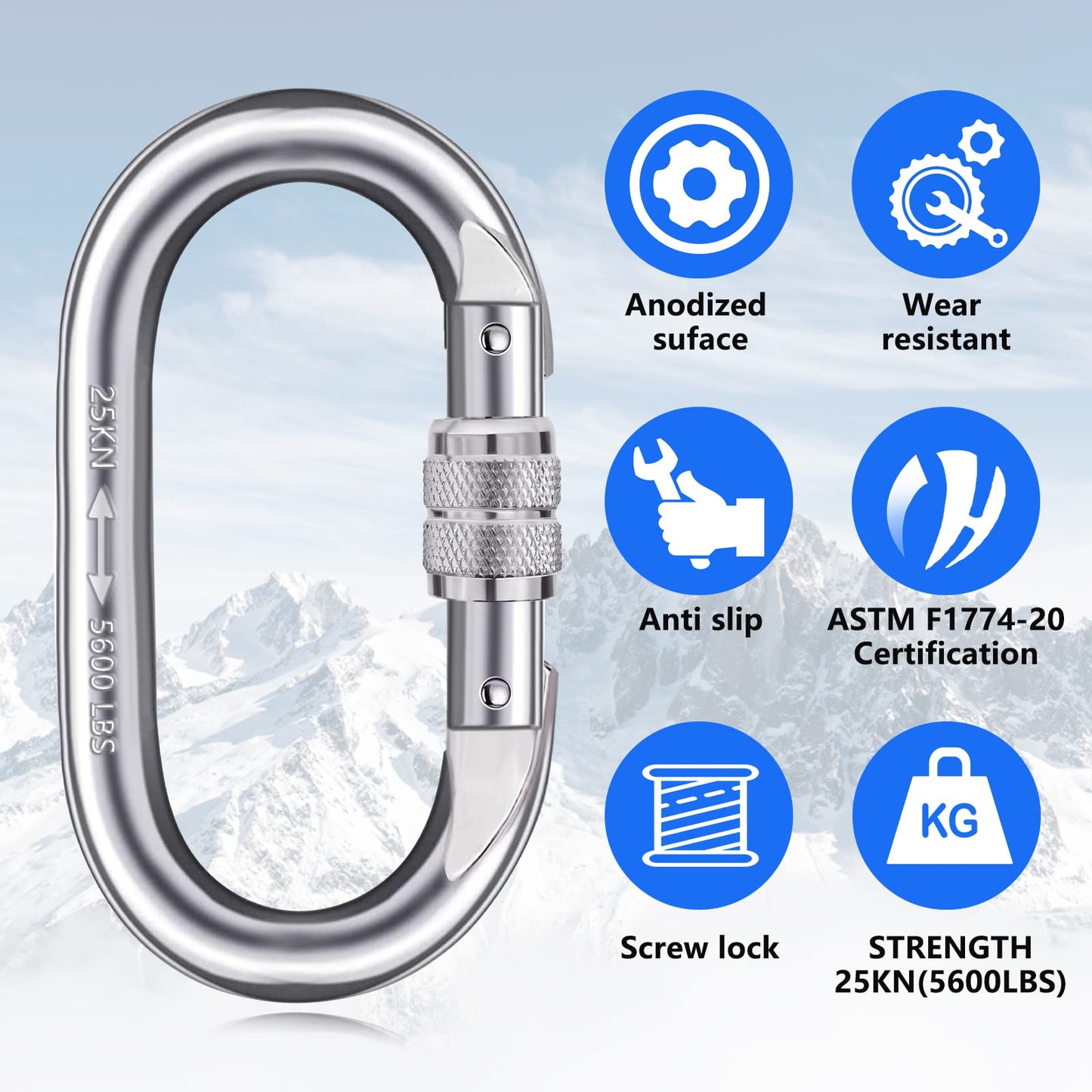 Heavy Duty Carabiner Clip Climbing Carabiner(25kn=5600lbs),Travel Essentials Hook with Screwgate Multipurpose for Climbing, Rigging, Ropes, Hammocks (O Shape, 2pack)
