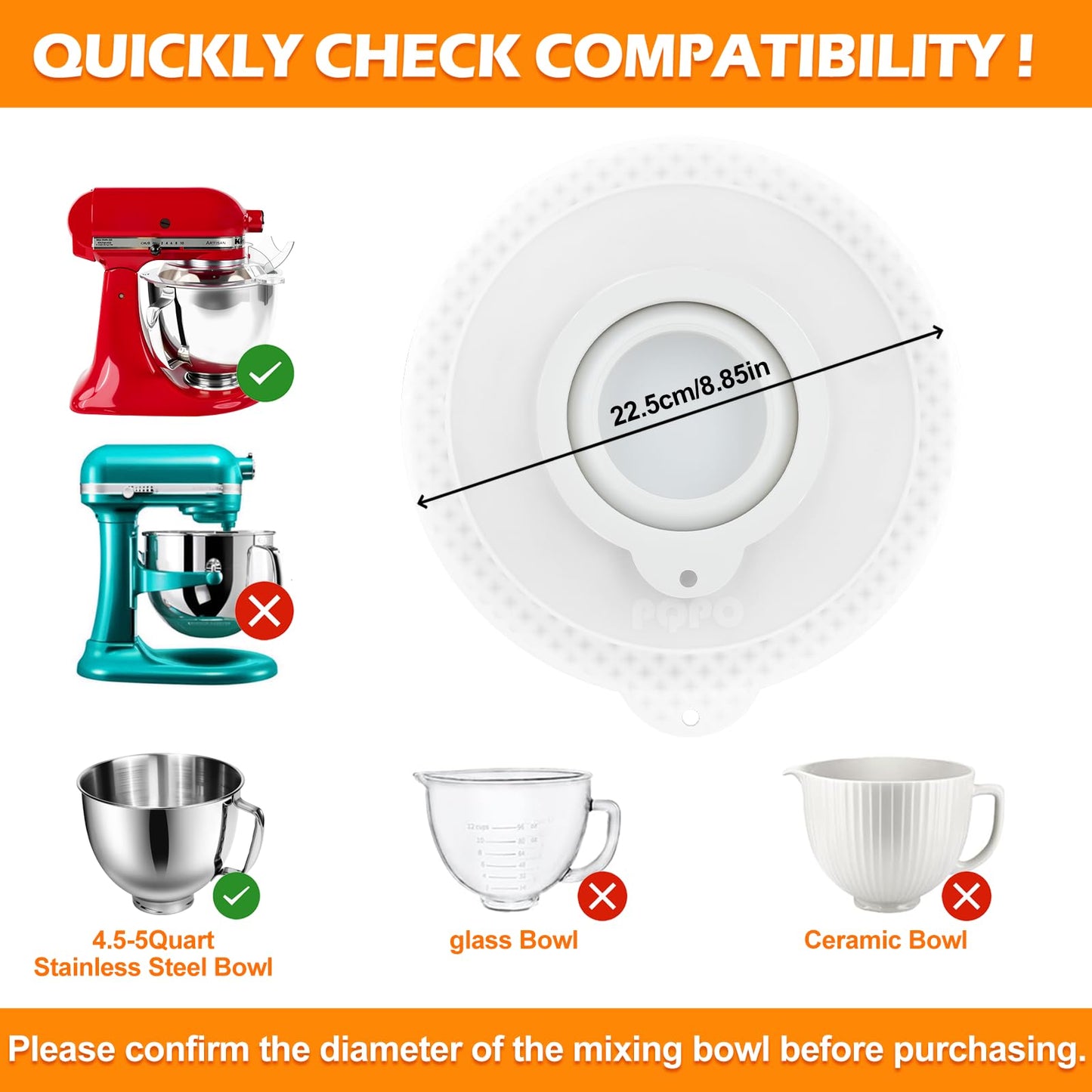 Silicone Mixers Bowl Cover Compatible with KitchenAid 4.5-5 Quart Tilt-Head Stand Mixers Bowl (White)