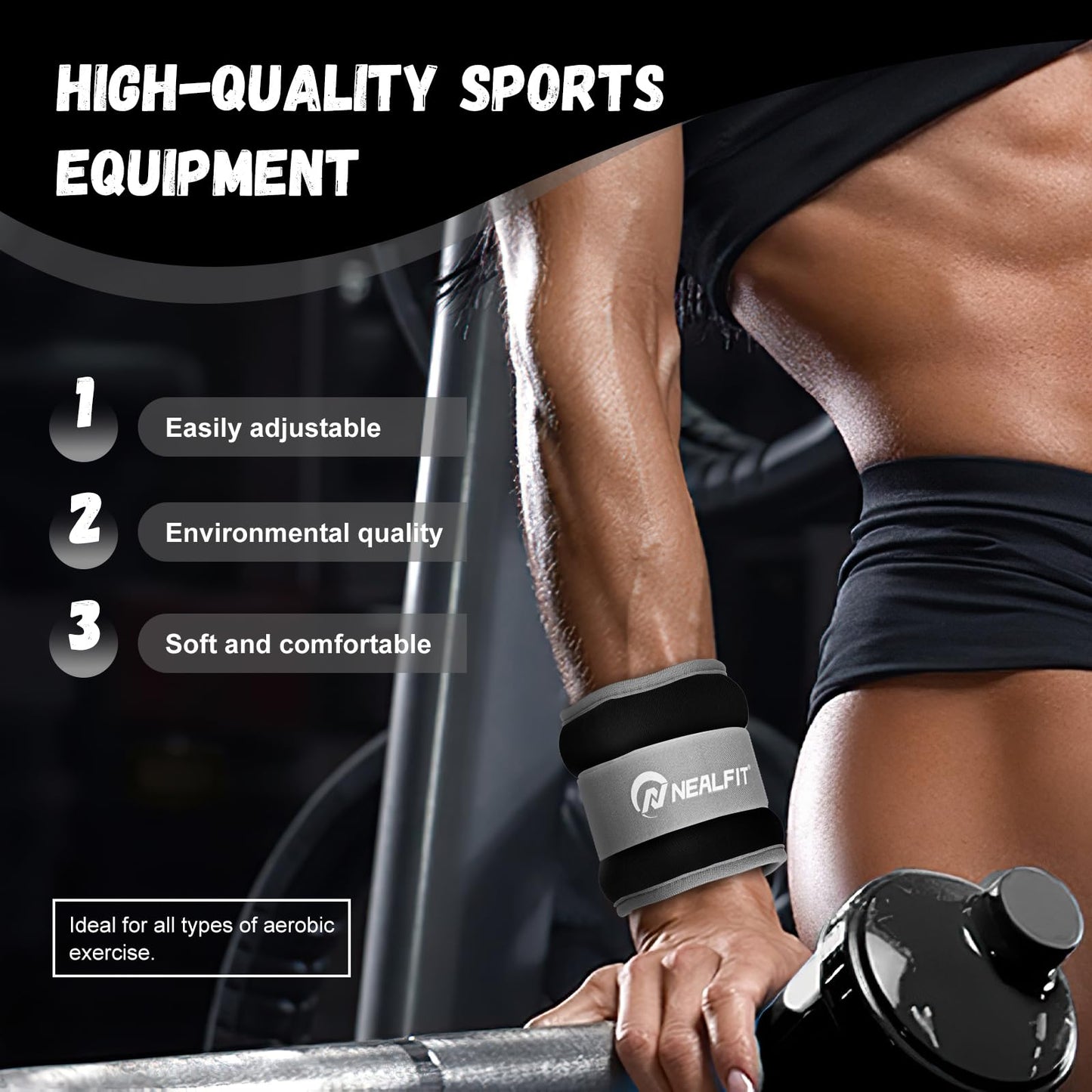 NEALFIT Ankle Weights 1/2/3/4/6/10 LBS for Men Women Kids, Leg Arm Wrist Weights with Adjustable Strap for Running, Aerobics, Strength Training, Physical Therapy, Fitness (Black, 1 lb x 2 (2LB Pair))