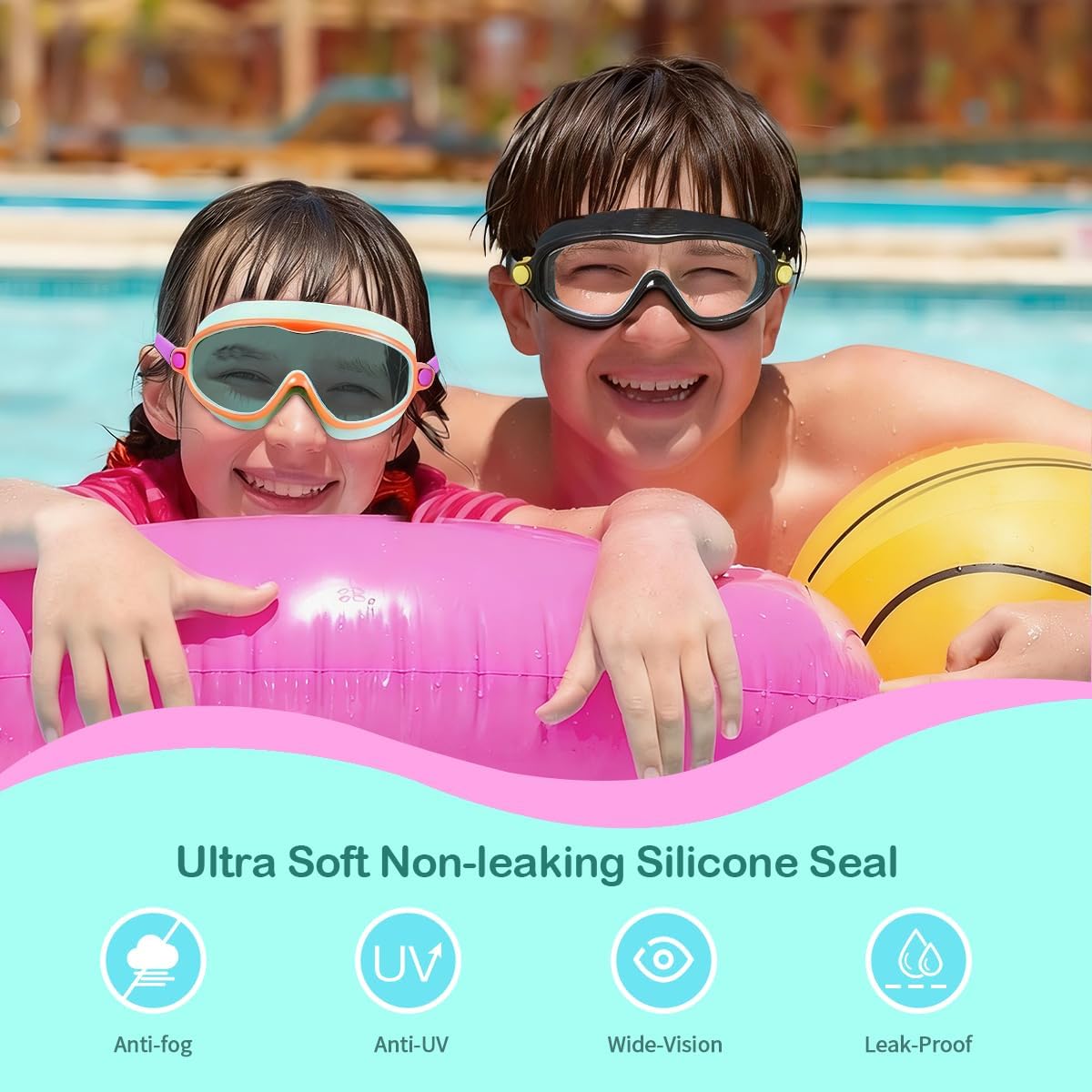 Seago Swim Goggles - Anti-Fog, Anti-UV, Wide View Design | 2 Pack for Kids Ages 3-14