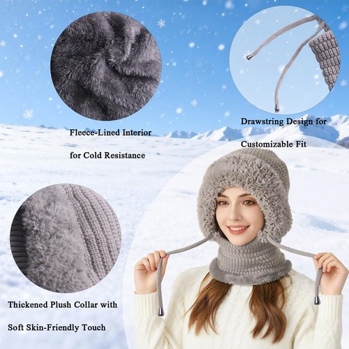 3 in 1 Beanie Hat with Scarf and Mask, Women’s Plush-Lined Winter Balaclava, Wind-Resistant Knitted Hooded Scarf & Ski Mask Set for Cold Weather (Grey)