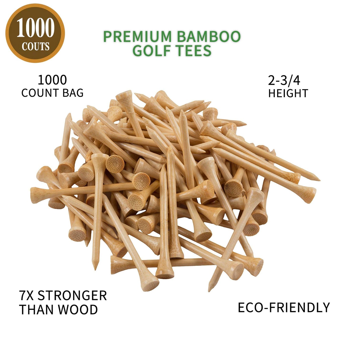 KLLsmDesign 1000pcs Per Pack Natural Bamboo Golf Tees, 2.75 Inch (7cm) Length, PGA Approved for Professional Player or Beginner's Trainning. Stronger Than Wood, No Side Spin Friction.