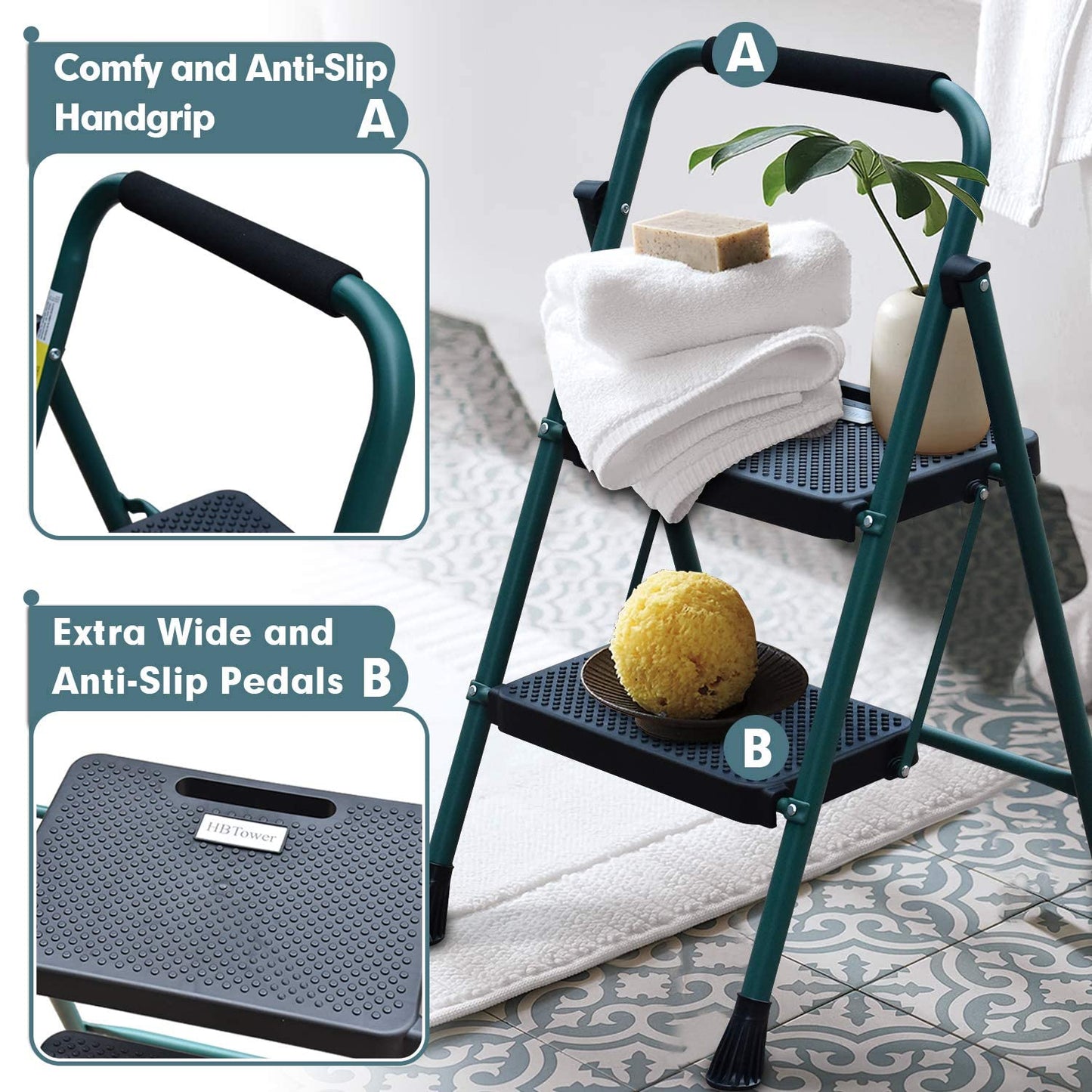 HBTower 2 Ladder, 5FT Folding Step Stool with Wide Anti-Slip Pedal, Sturdy Steel Ladder, Convenient Handgrip, Lightweight 500lbs Portable, Green