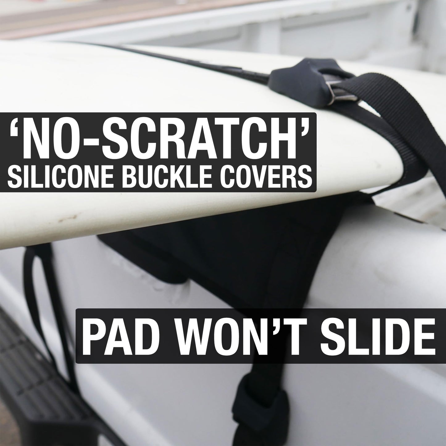 Surfboard Truck Rack - Durable Pad Fits All Tailgates - ‘No Scratch’ Silicone Buckle Covers Prevent Damage - Easy to Use