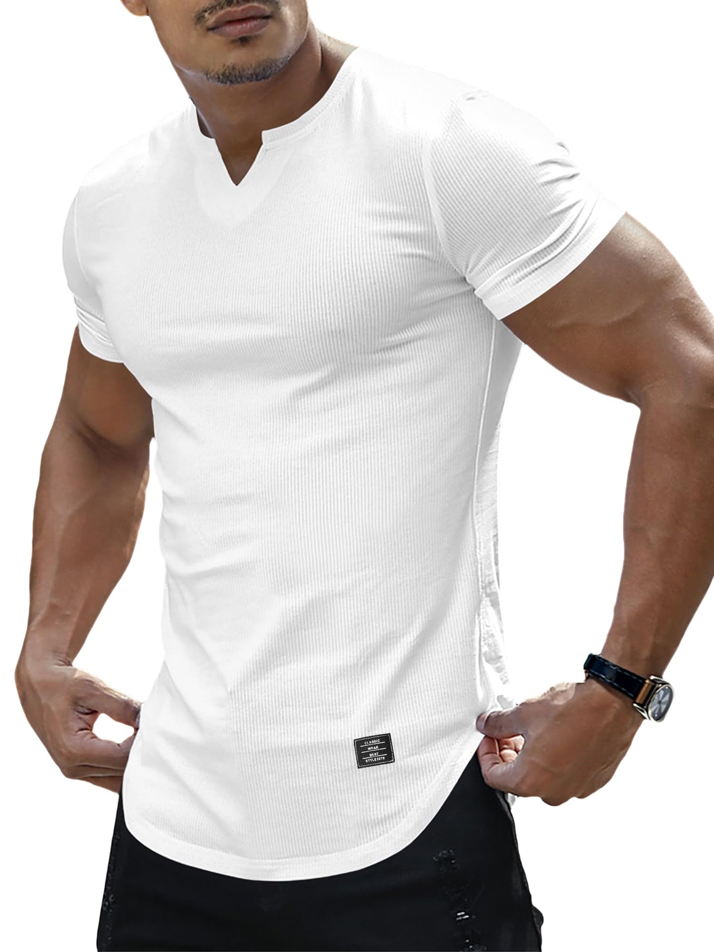 PLEPAN Muscle Shirts for Men Slim Fit Short Sleeve V Neck Henley Shirts Longline Gym Workout Athletic T-Shirts, White, XX-Large
