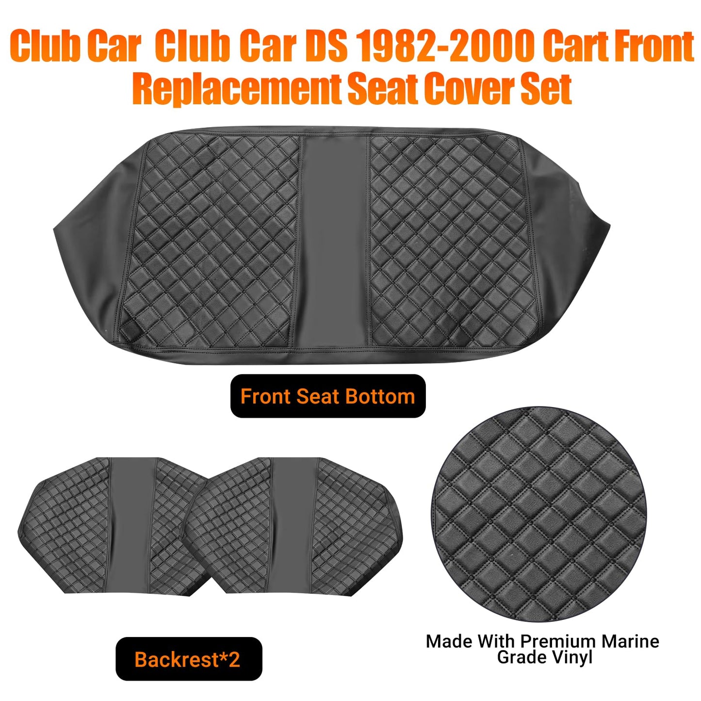 ZWPARTS Staple On Golf Cart Front Seat Covers Black Diamonds PU Leather Seat Covers Replacement for Club Car DS 1982-2000