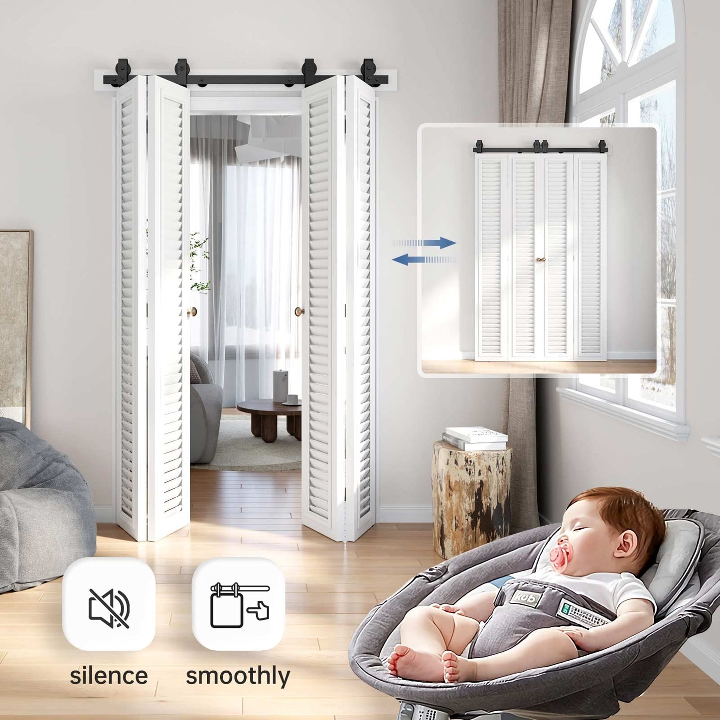 EaseLife 52" Bifold Sliding Barn Door Hardware Track Kit for 4 Closet Door,Top Mount Roller,Slide Smoothly Quietly,Easy Install,Black,Fit for Four 12" Wide Bi-Folding Door (Hardware Only)