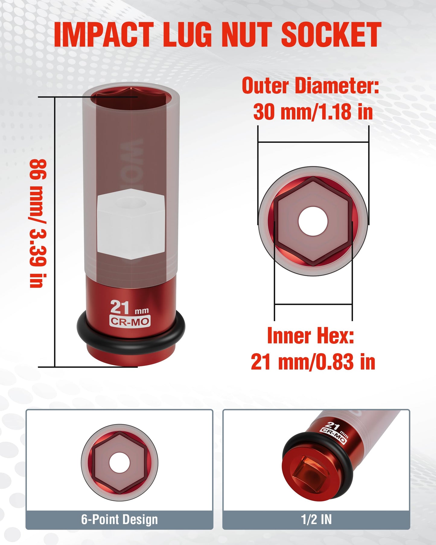 WORKPRO 1/2" Drive Lug Nut Impact Duty Socket, 21mm Deep Thin Wall Socket, Made of Premium Cr-Mo Steel, Non-Marring Lug Nut Wheel Sockets for Car
