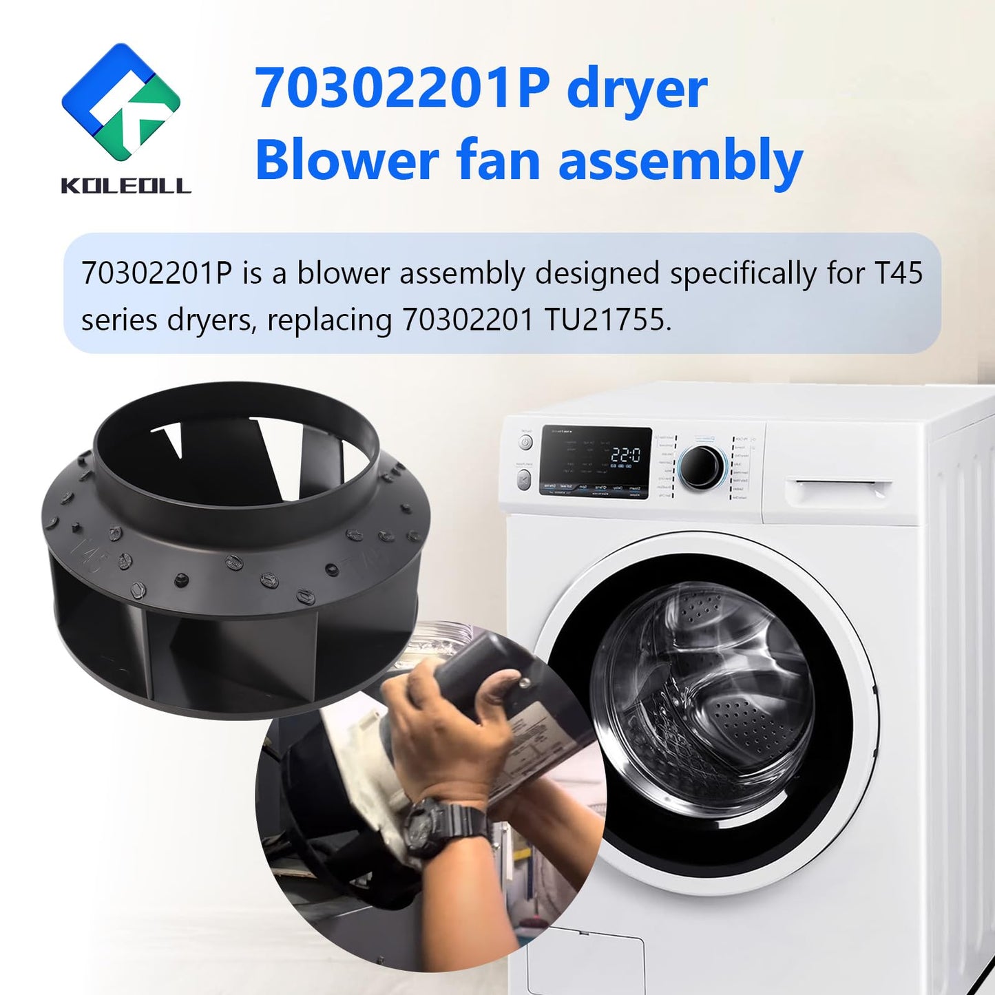 70302201P Blower Fan Assembly for Speed Queen, UniMac, Huebsch, and Ipso Dryers. Replaces 70302201, TU21755, Compatible with T45 Dryer, 9.51 OD PKG